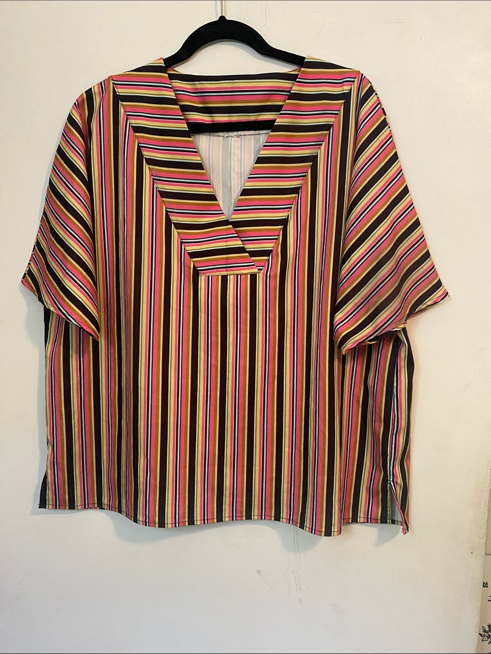 V-Neck Short Sleeve Women’s Blouse in Multicolor Stripe